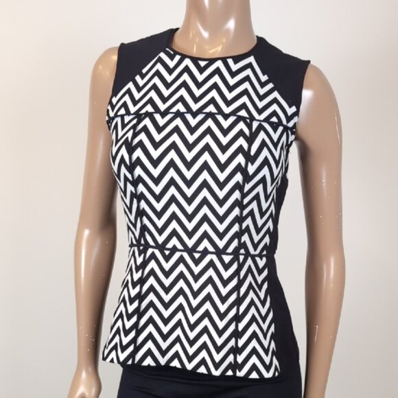 H&M Chevron Print Sleeveless Peplum Top Ponte Fitted Stretch Black White Party - Picture 2 of 11